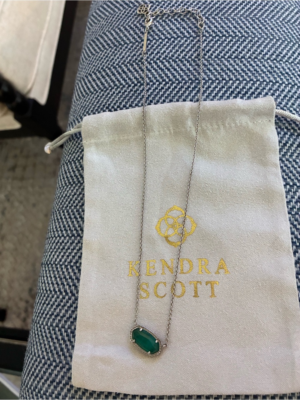 Kendra Scott Silver Necklace with Green Oval Stone Pendant